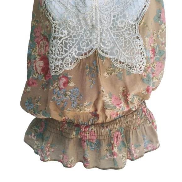 Butterfly Embroidered Halter Top Blouse Tan Floral S - Picture 3 of 7